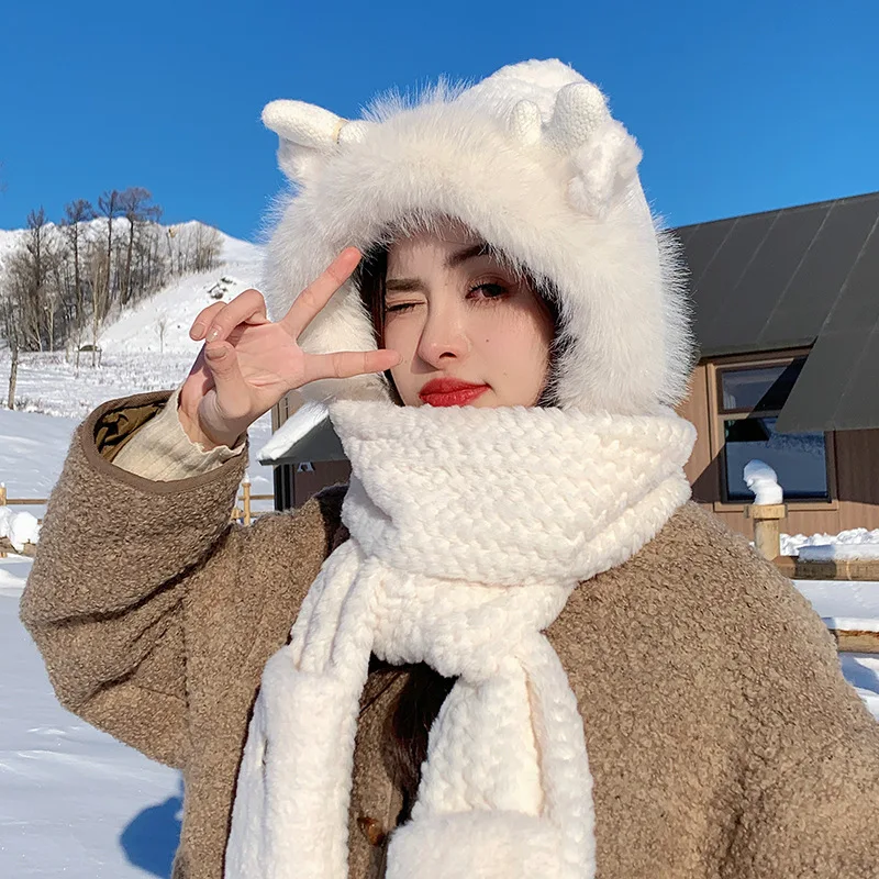 Fox Ear Winter Hat Scarf Women's One Piece Hat Cute Plush Thick Warm And Cold Proof Two Piece Set Scarf