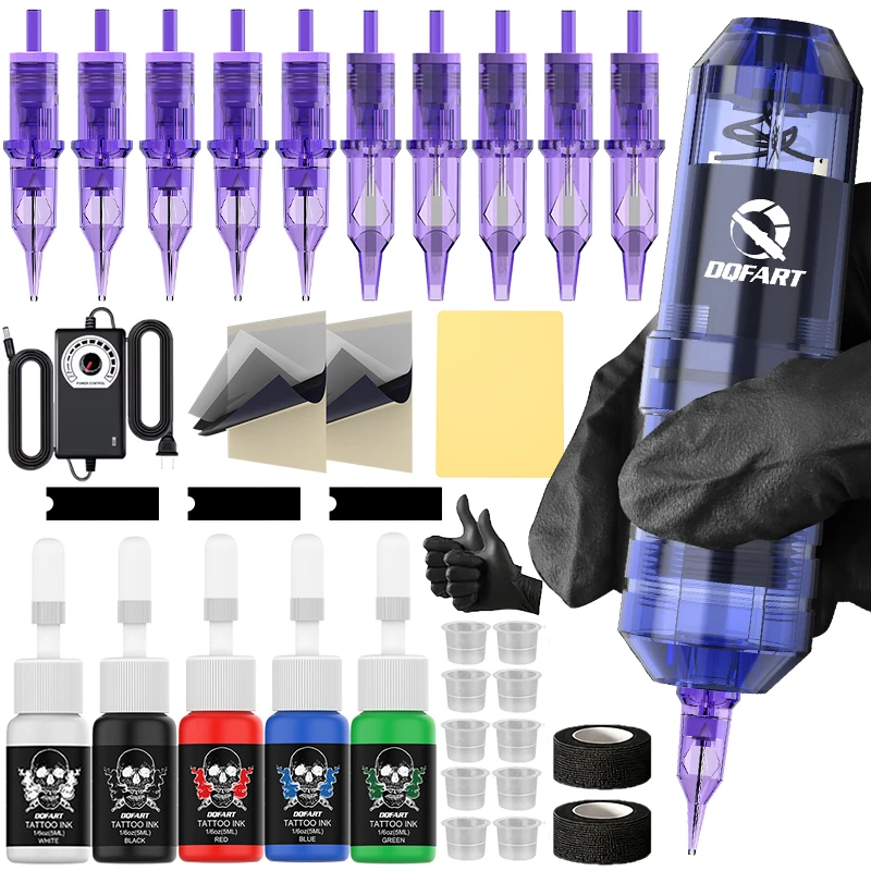 DQFART Ensemble de machine à tatouer électrique avec adaptateur DC, sûr, de haute qualité, durable, pour artistes tatoueurs, art corporel, motifs créatifs, aiguilles de tatouage pour débutants, fournitures et accessoires