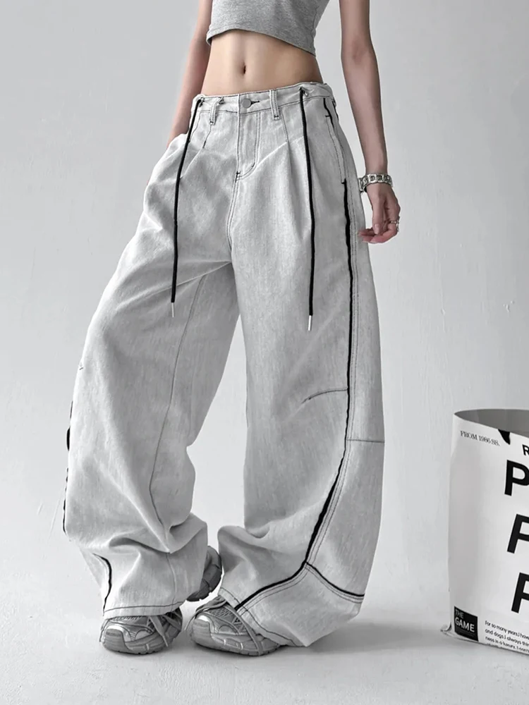 Streetwear Harajuku Wide Leg Jeans Women Vintage Lace Up Patchwork Denim Pants American Retro Loose Casual All Match Y2K Trouser