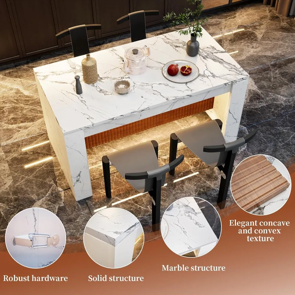 Rectangular Faux Marble Dining Table, 63 Island with LED Lighting, Seats 4-6, Modern Marble Striped Kitchen Dining