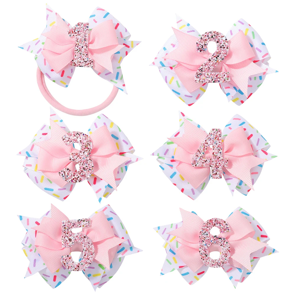 

6pcs Baby Girls Birthday Bowknot Headband/Hair Clip Set Sweet Ice Cream Number Theme Festival Party Hair Accessories for Girls