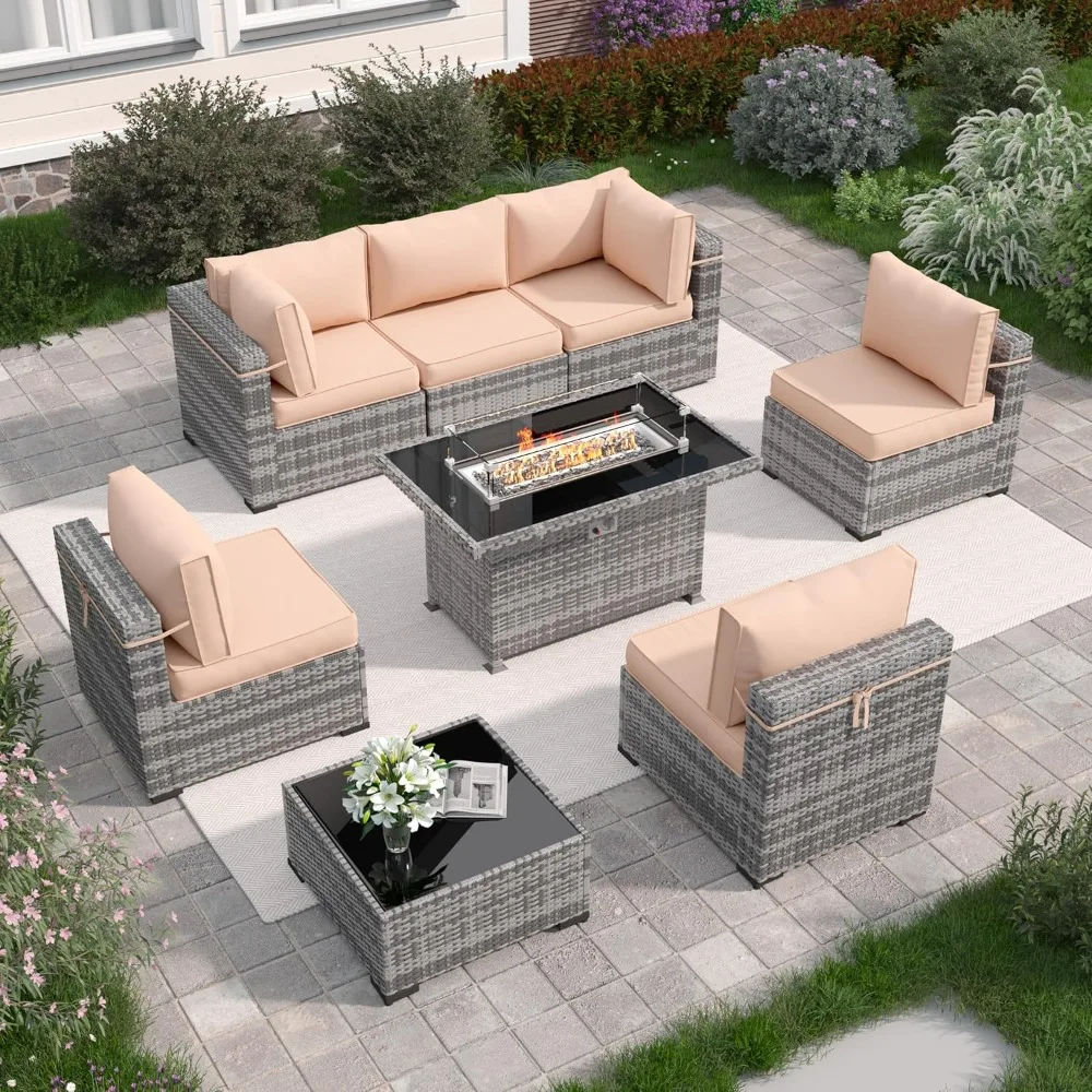 

Patio Furniture with Fire Pit Table, 8 Pieces Outdoor Patio Furniture Wicker Furniture, Outdoor Sectional Furniture with Cover