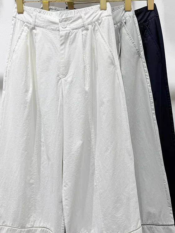 Damskie spodnie casualowe z wysokim stanem, proste nogawki, ażurowe wstawki, cienkie, szerokie nogawki, długość 7/8, nowość na lato.