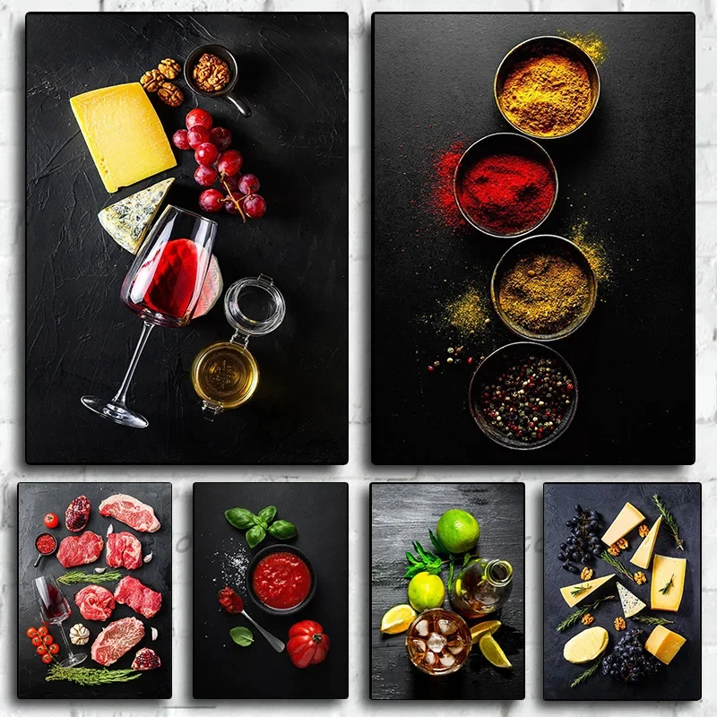 Póster de especias coloridas para cocina, vino tinto, carne, tomate, queso, impresión de imágenes artísticas de pared, pintura en lienzo, decoración del hogar para habitación