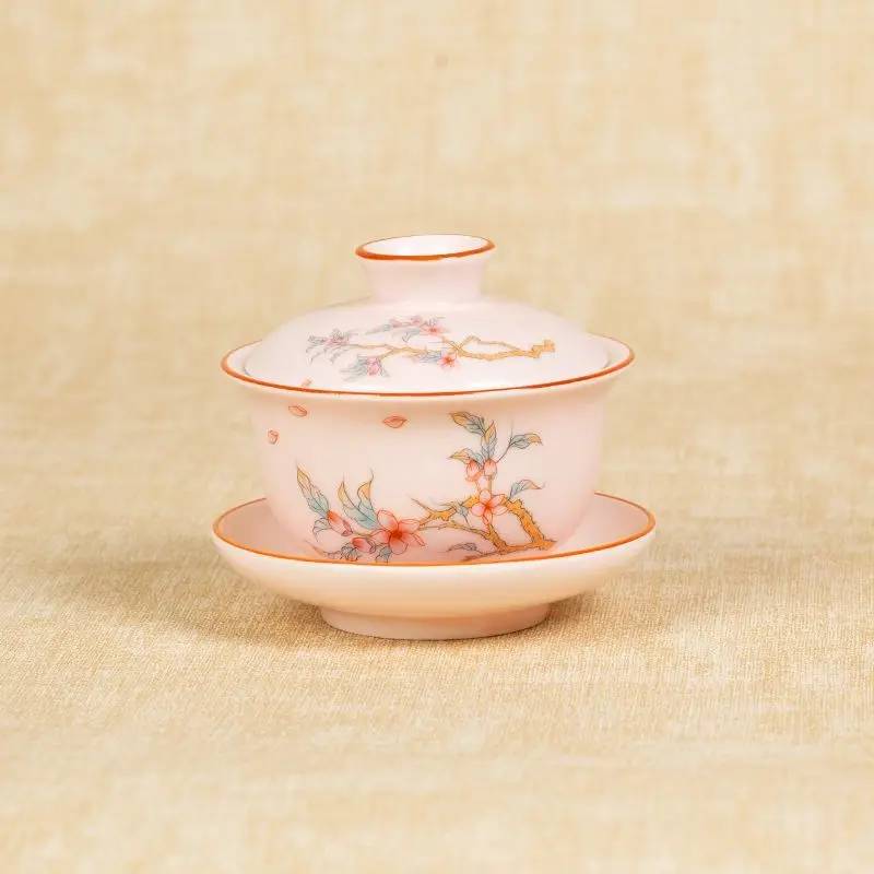 Famille-Rose Porcelain Gaiwan for Solo Use, Ru-Kiln Tea Tureen with Soft Glaze, Elegant Single Cup for Personal Tea Rituals