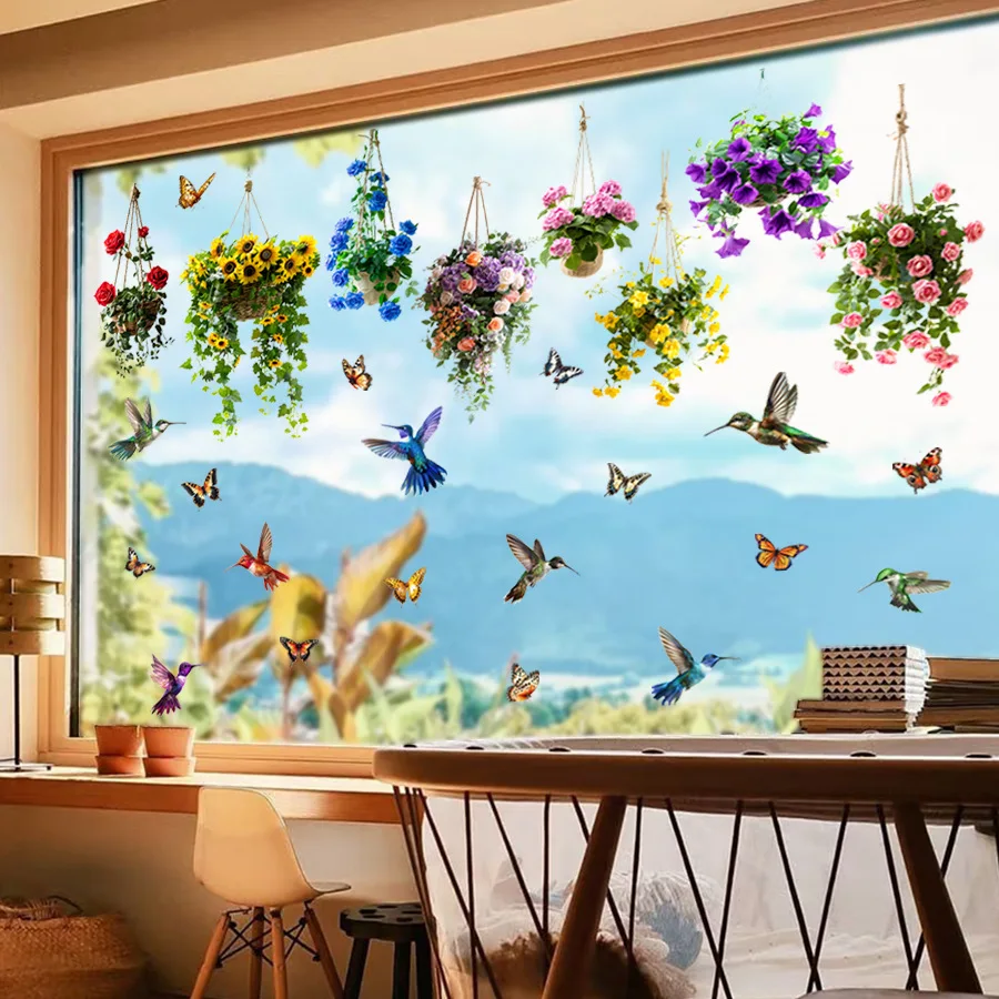Electrostatic Stickers for Sunflower Flower Basket Butterfly Magpie on the Glass Wall Door Window Home Decoration Beautify Rooms