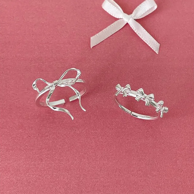 Foxanry Silver Color Ribbon Bowknot Rings For Women Girls Niche Design Simple Sweet Gentle Temperament Anniversary Jewelry Gifts
