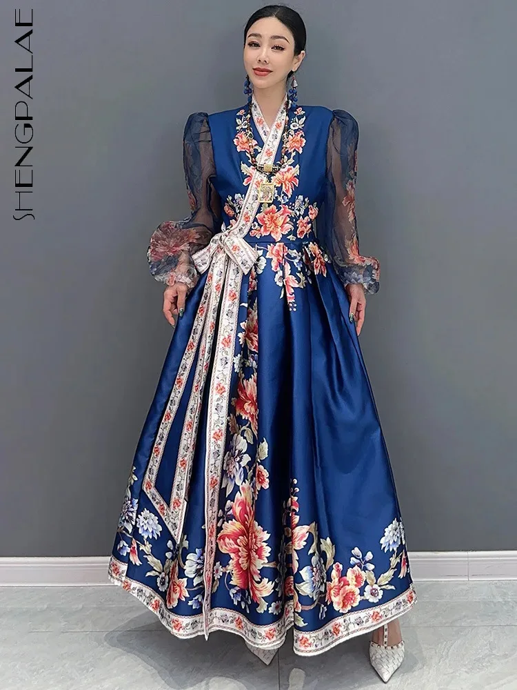 SHENGPALAE Loose Versatile V-neck Printed Long Dress With Bow Tie Irregular Dresses For Women 2024 Summer Trendy Clothes 5C1312