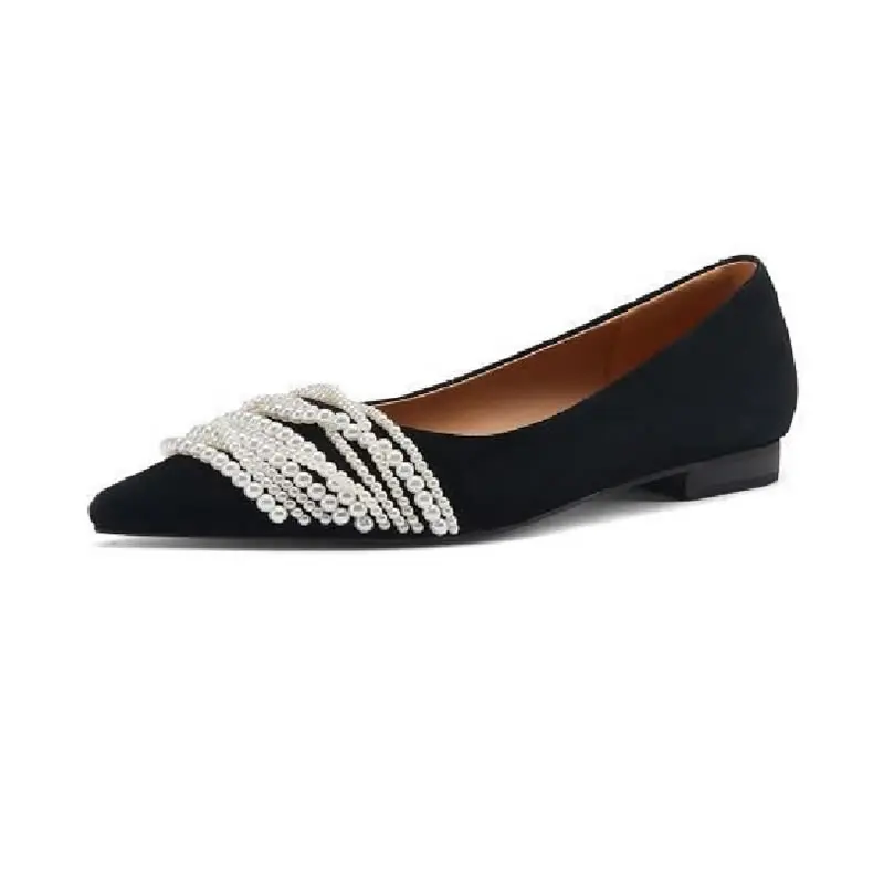 Elegant String bead ballerina women shoes sneakers shallow slip on loafers woman flats sweet pointed toe pearl moccasins 2024