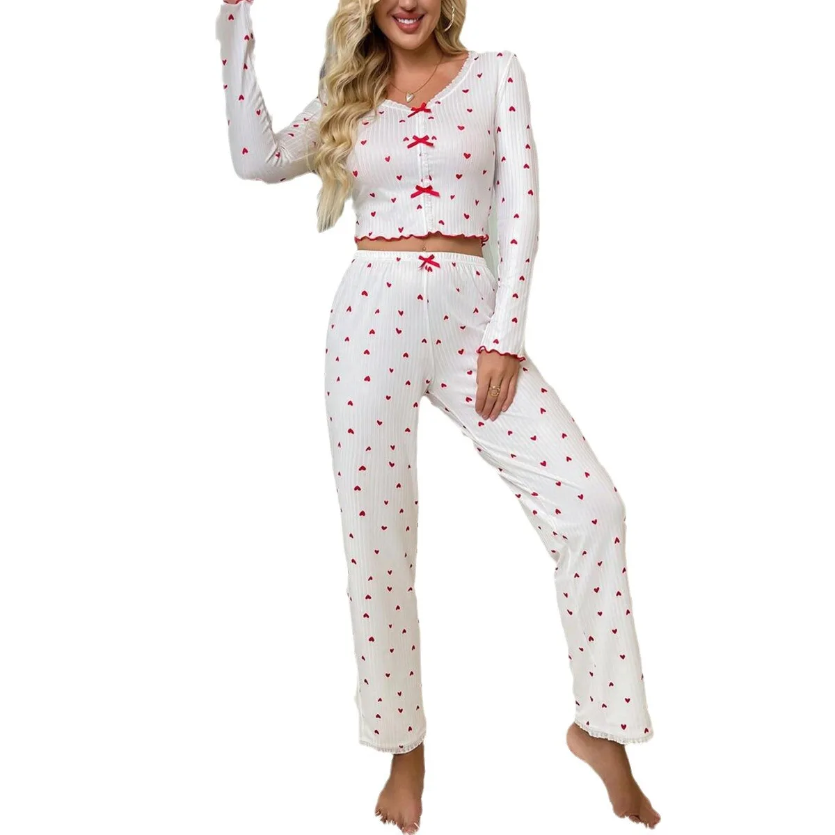 Sexy Bow Women\'s Sleepwear Heart Print Lettuce Trim Lace Pajamas Set Elastic Waistband Loungewear Full Sleeve Nightwear