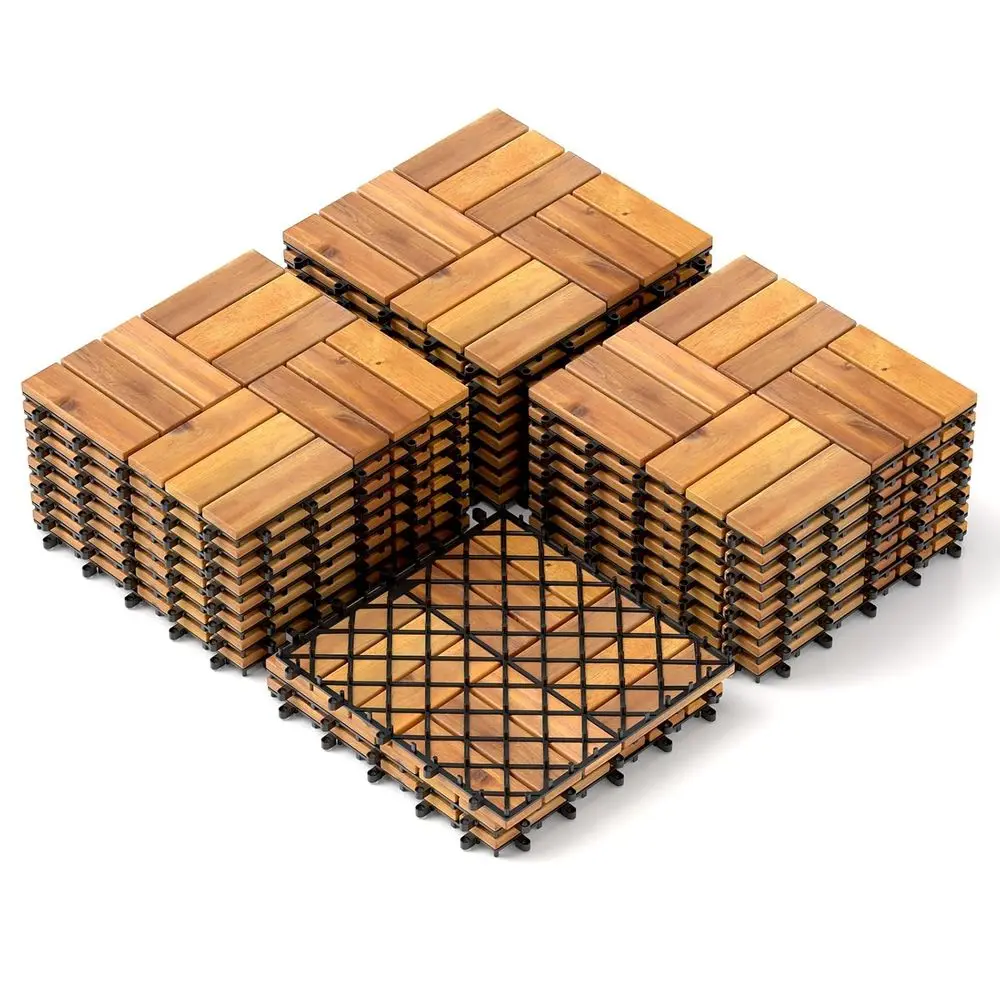 

12 x 12 Acacia Wood Deck Tiles, 27 Interlocking Patio Tiles, Easy Install, Suitable for Outdoor and Indoor Spaces