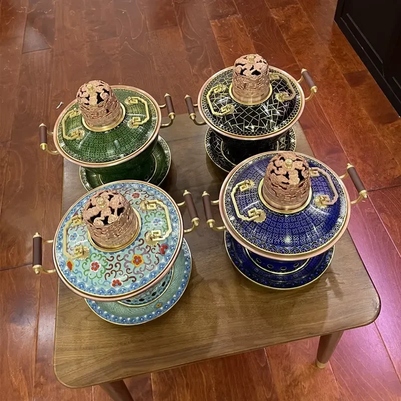 Copper Cloisonne Hot Pot with Copper Lid and Wooden Handle for Alcohol Stove Small Single-Use Hot Pot