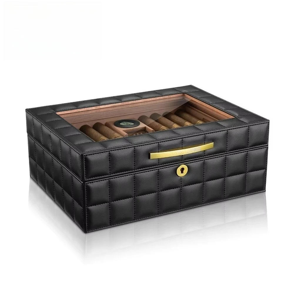 

Double Layer 50pcs High-Capacity Cigar Humidor Box Cedar Wood with Leather Safety Lock High-Transparency Cigar Storage Container