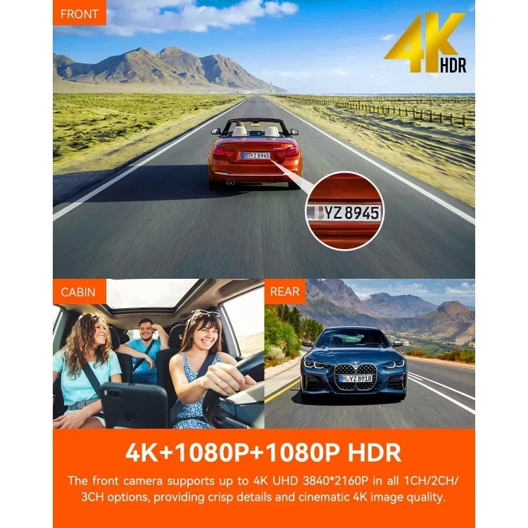 Vantrue N4 Pro 3 채널 4K WiFi 대시 캠, STARVIS 2 IMX678 나이트 비전, 4K + 1080P + 1080P 전면 내부 및 후면 트리플 카 카메라