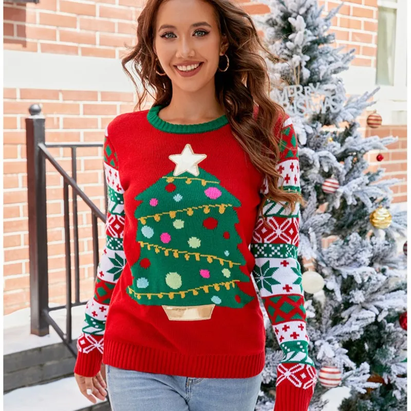 Embroidered Christmas Tree Knitted Sweater Winter Clothes Woman Sleeve O Neck Casual Loose Knitwear Letters Cartoon Pullover