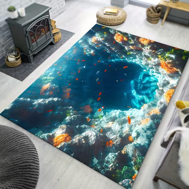 2D Illusion Stone Pool Ladder Goldfish Rug Non Slip Mat Creative Visual Effect Living Room Bedroom Entryway Decor Funny Carpet