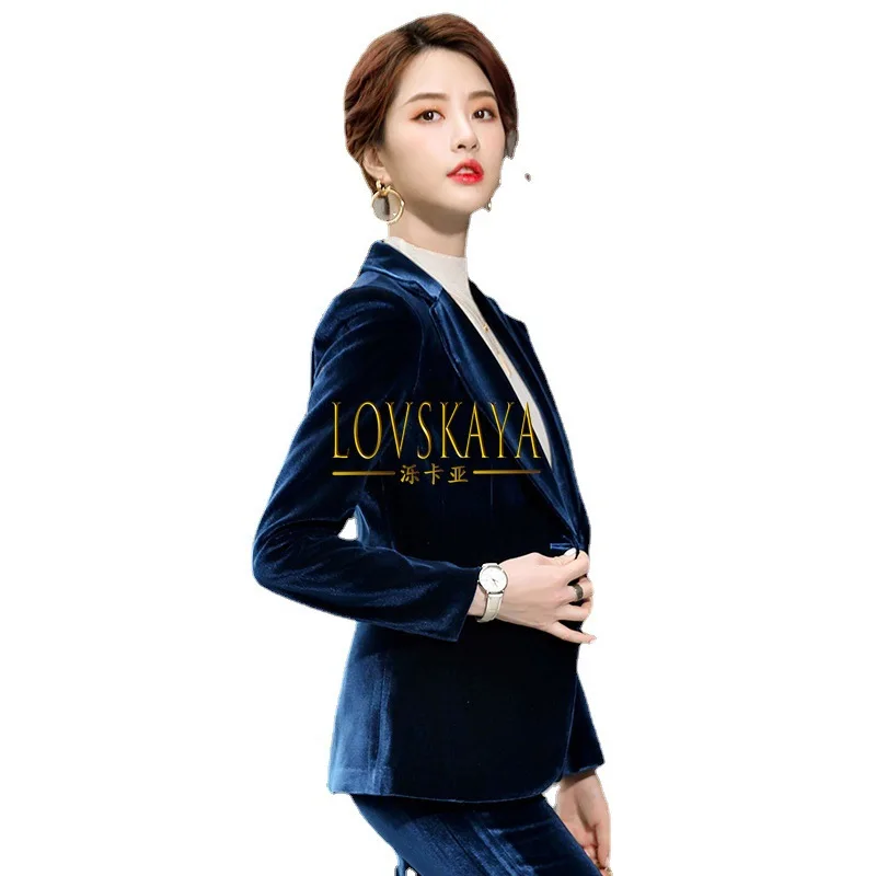 Golden velvet suit set long sleeved suit jacket women\'s professional temperament top autumn and winter