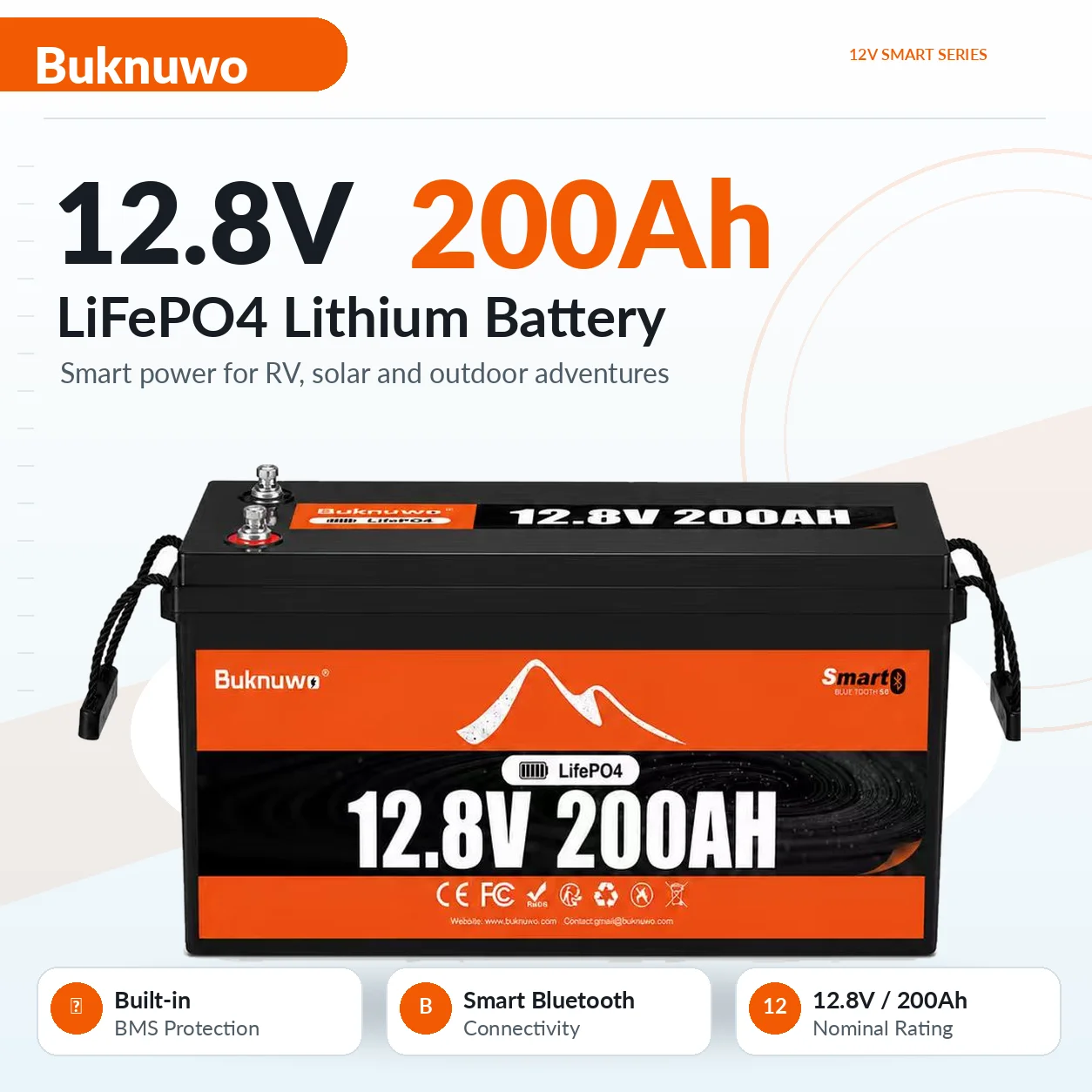BUKNUWO 12.8V 200Ah Bluetooth LiFePO4 Battery 2560Wh Smart BMS Low-Temp Cut-Off for RV Solar Marine Use