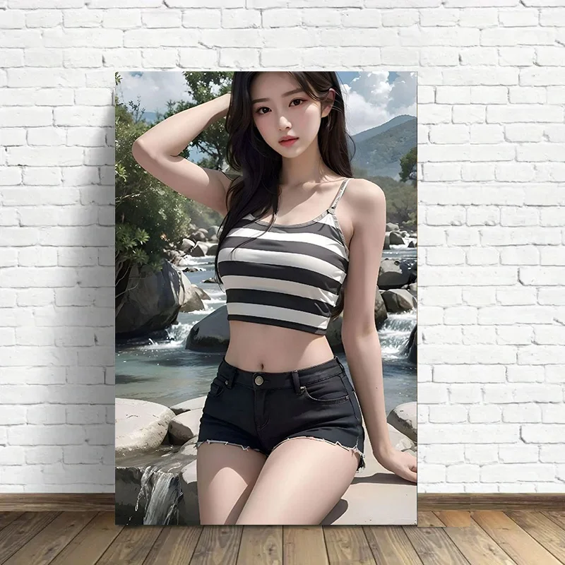 2D Metal Sign Striped Tank Top Girl Outdoor Mountain Stream Lady Wall Decor Plaque Metal Tin Sign 20x30cm