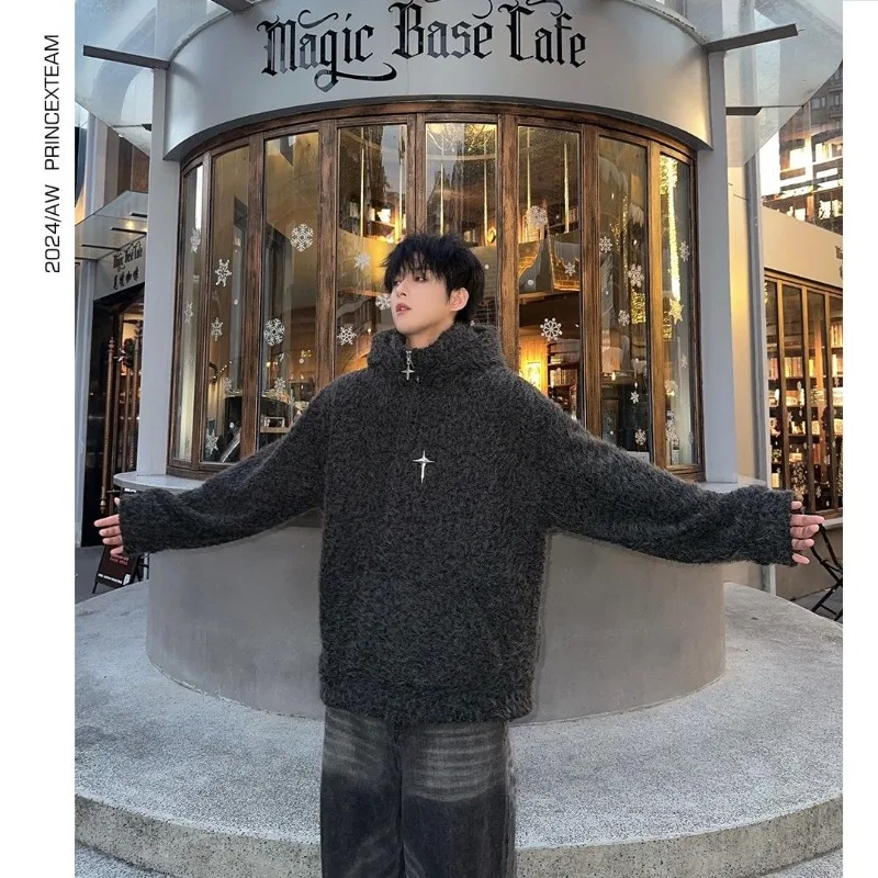 Men's clothing spring and autumn high quality stand collar zipper hooded handsome personality loose all-match sweater coat