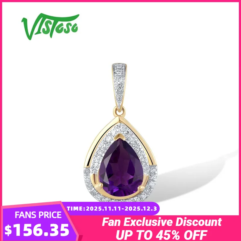 

VISTOSO Real 14K 585 Yellow Gold Pendant For Women Sparkling Diamonds Teardrop Shape Amethyst Delicate Anniversary Fine Jewelry