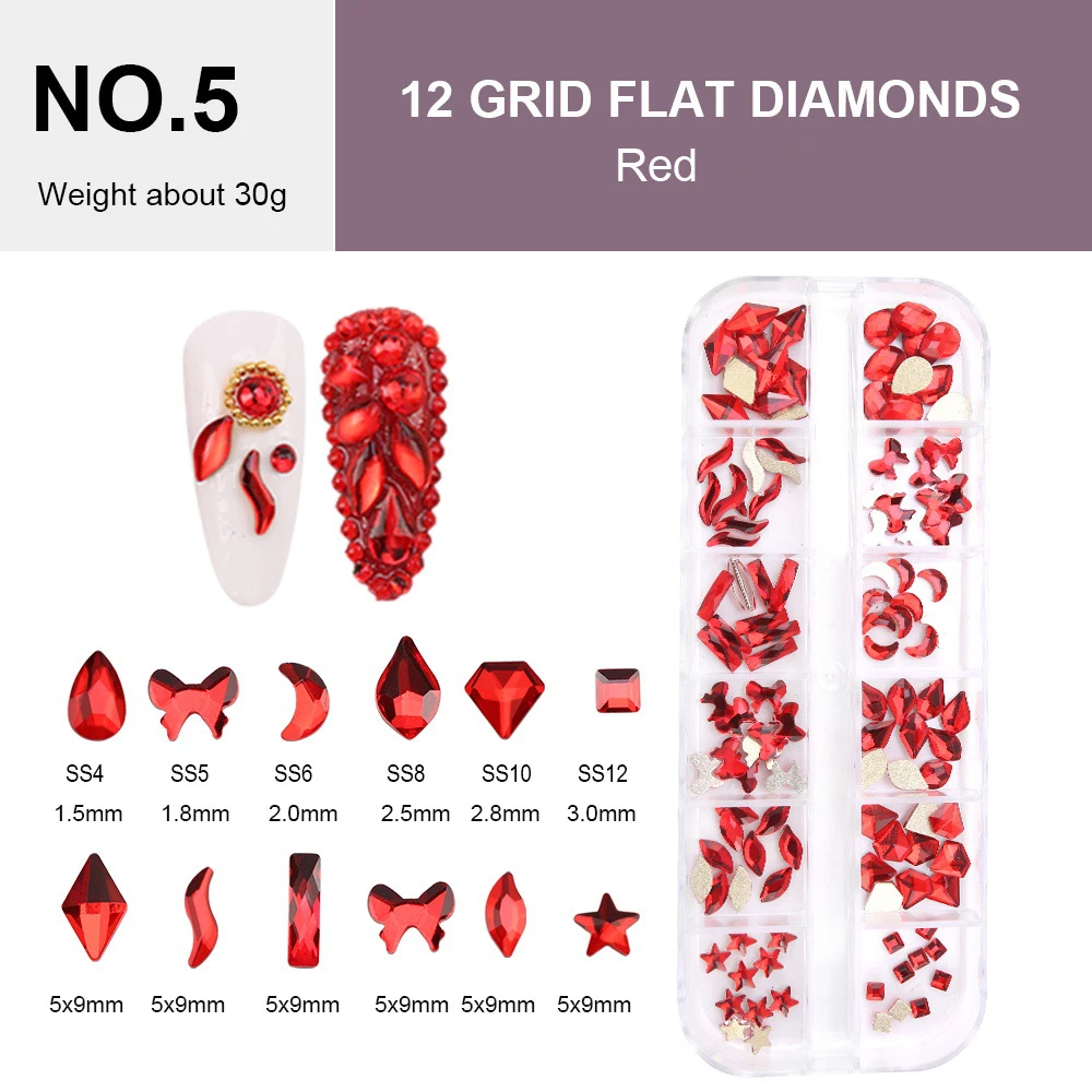 

Glitter Red Crystal 12 Grids Nail Rhinestones Mix Shapes Nail Art Accessories Diy Decorations Nail Charms Free Shipping