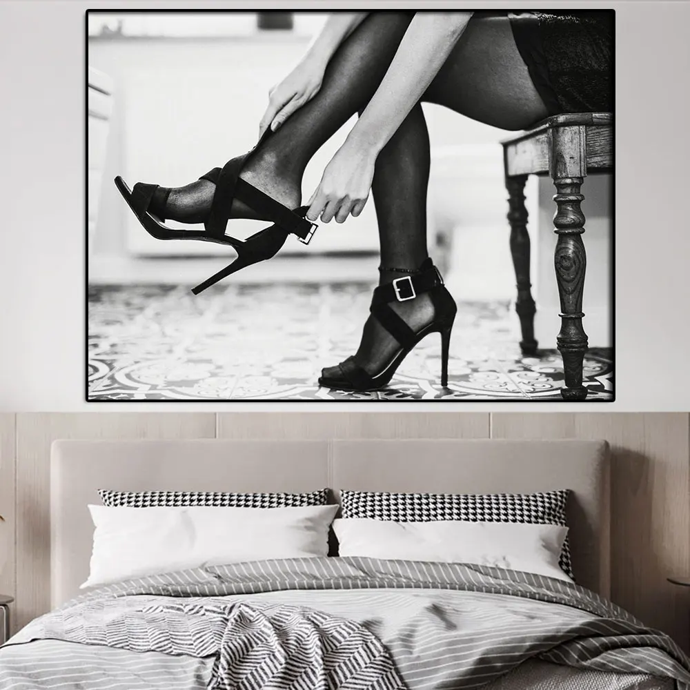 Sexy Woman Wear High Heels Canvas Painting Black Stockings High Heels Poster Printing Modern Nordic Wall Art for Home Room Decor