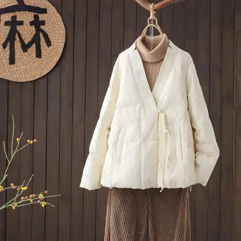 Dunne donskatoenen jas voor dames herfst winter Chinese retro-stijl V-hals Casual lichtgewicht veelzijdige gewatteerde jas ZT192