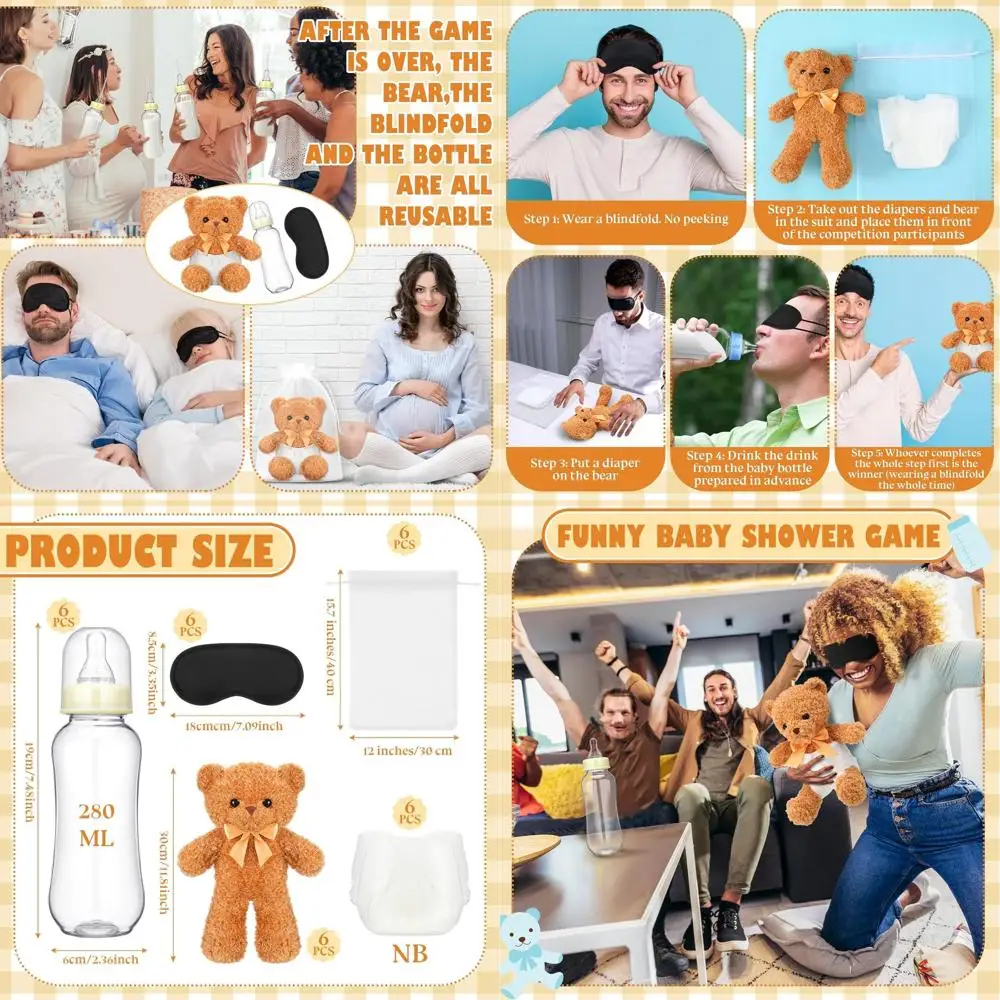 

Brown Bear Themed Baby Shower Game Kit: 6 Bottle Chug, Blindfolded Diaper Change, and More