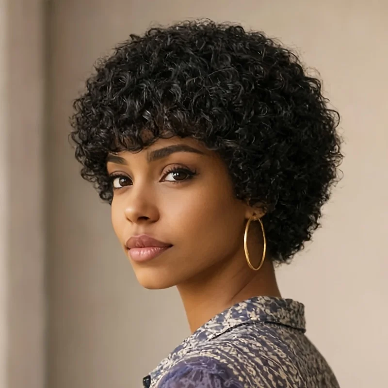 Women's Short Loose Curly Human Hair Wig with Bangs Machine-Made Suitable for Casual Attire & Special Occasions, Pixie Cut Wig