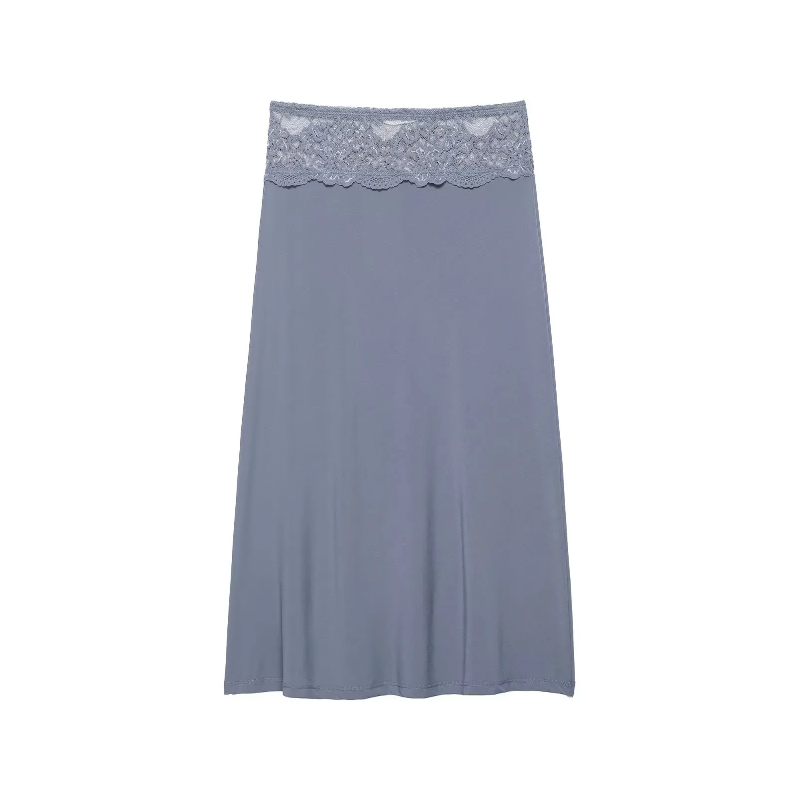 2026 New Summer Women's Vintage High Waist Silk Satin Lace Midi Skirts Lady Elegant Chic Straight Gray Blue Long Smooth Skirts