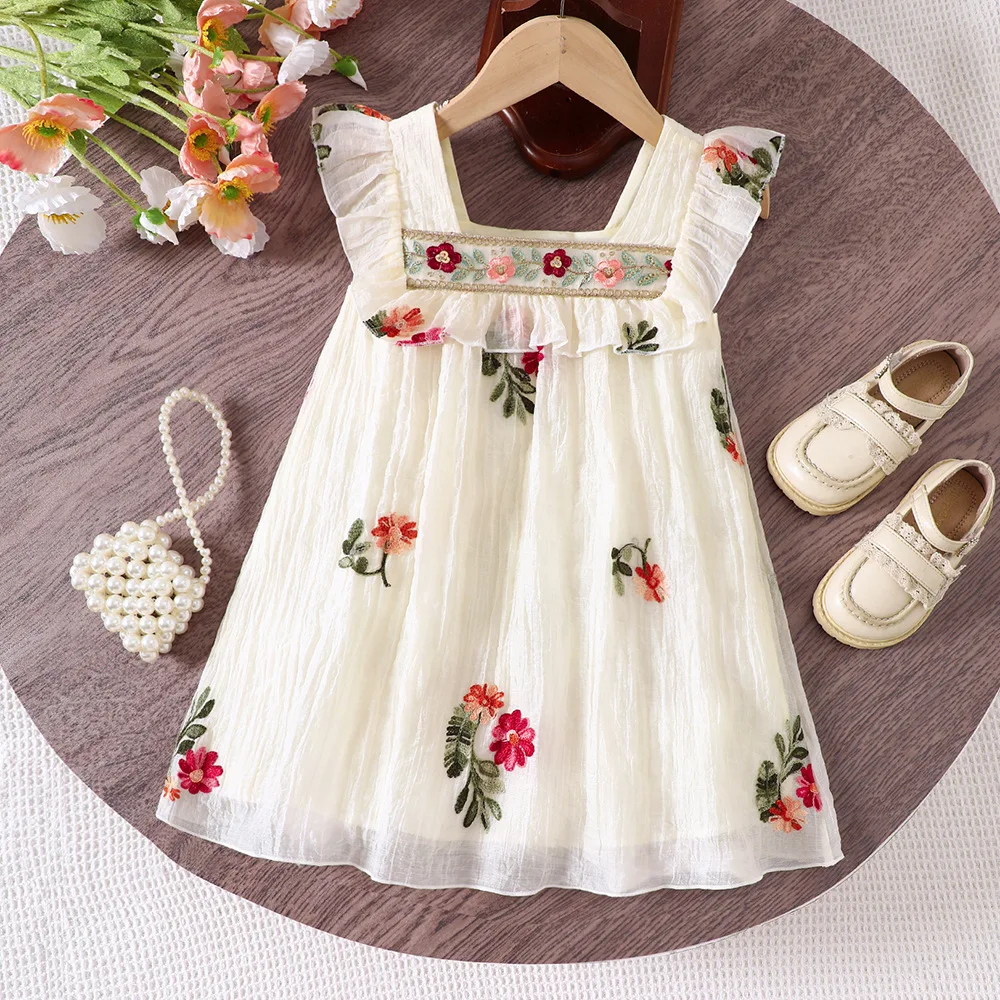 2025 New Arrival Girls Sleeveless Ruffles Embroidery Floral Apricot Cute Holiday Night Party Princess Dress Custume 2-7T