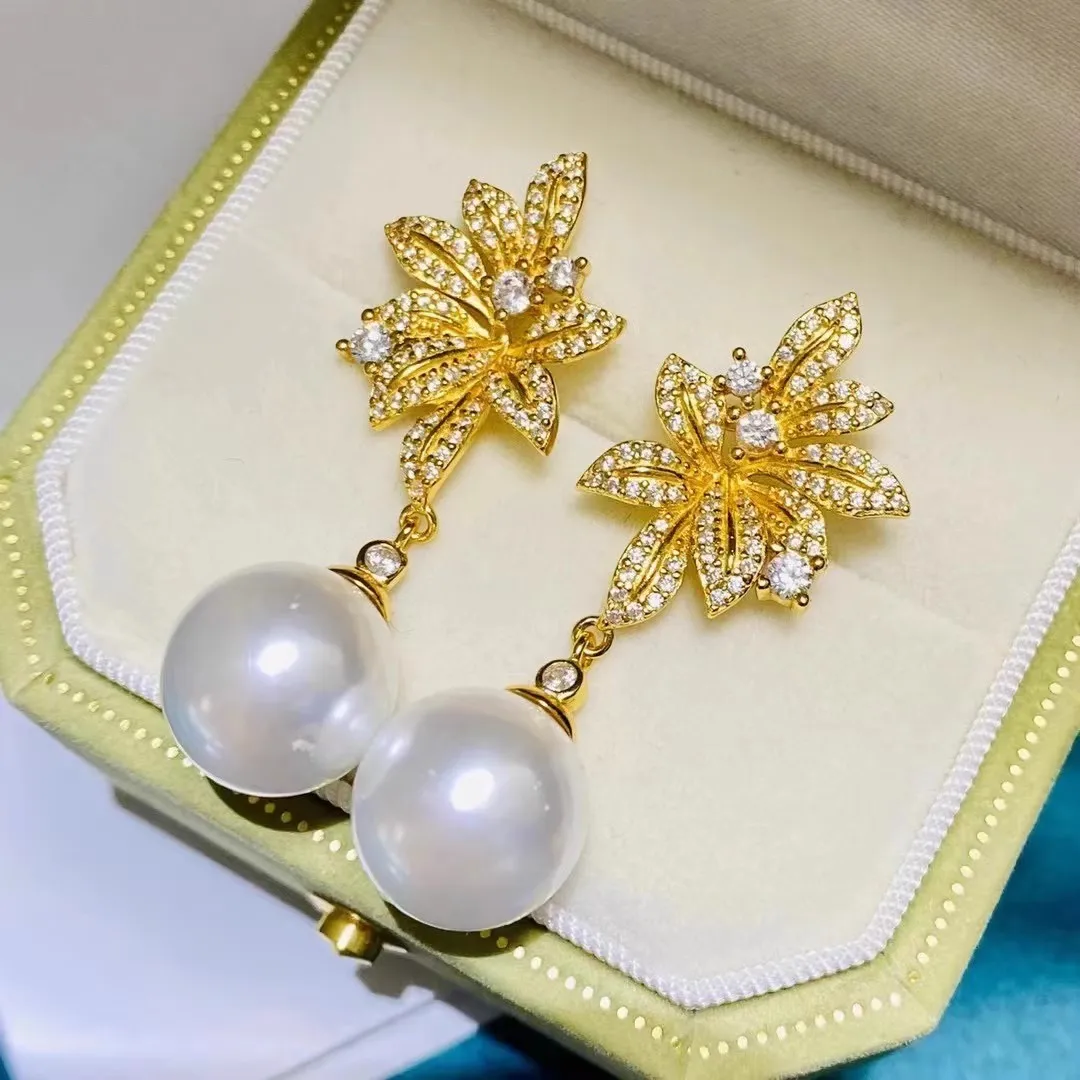 

New leaf zircon earrings AAA11-12mm natural South Sea round pearl earrings 925s