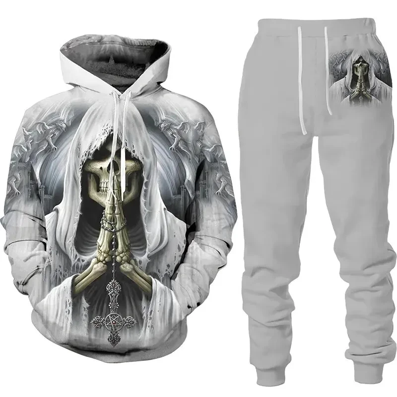 Autumn Winter Men\'s Sweatshirt Hooded Set Hooded Graphic Skull 2 Piece Print Leisure Sports Shirt Hoodie 3D Print Men Clothing