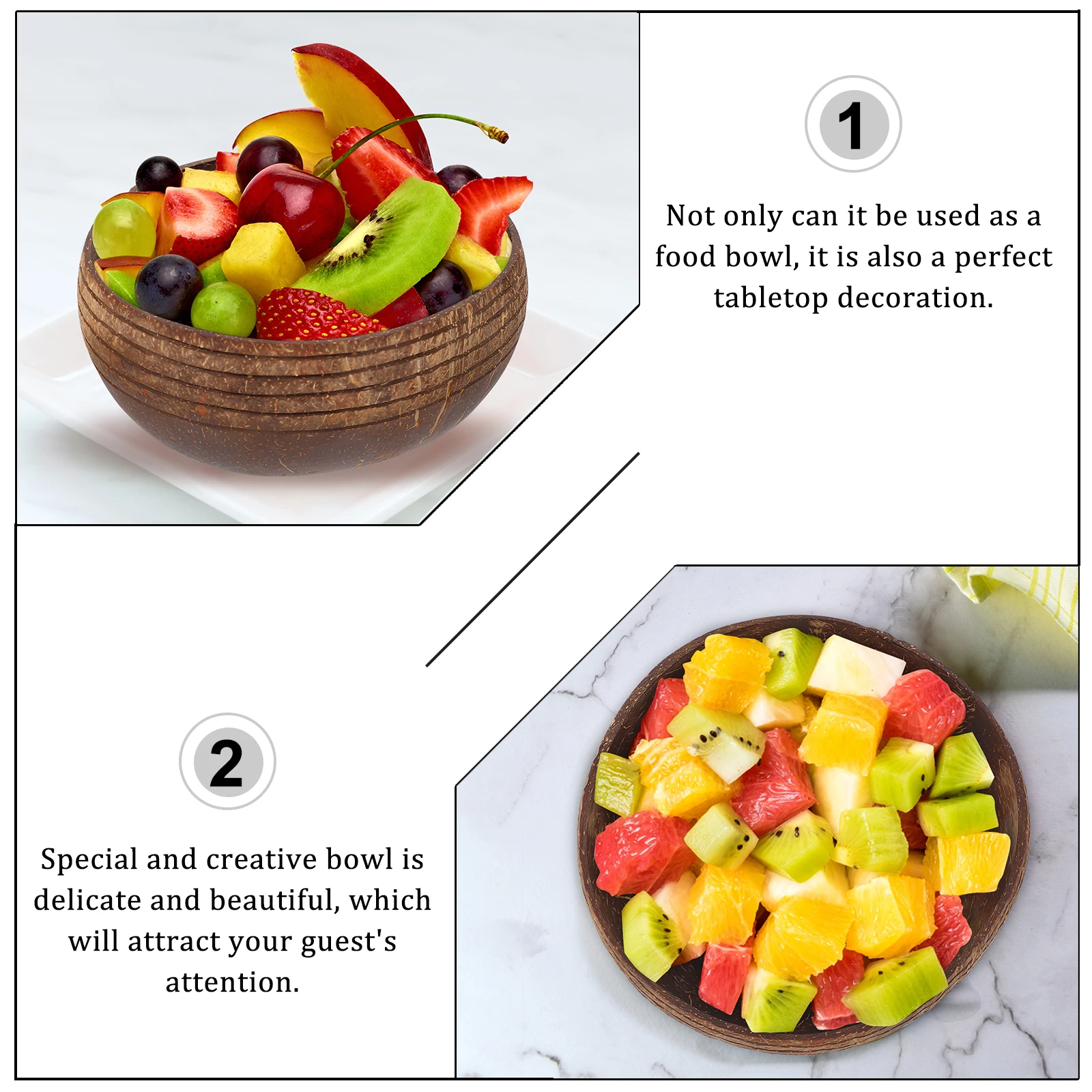 

1pc Coconut Shell Bowl Salad Dessert Fruit Bowl Household Multi-purpose Wooden Pattern Natural Handmade Decoration Kitchen Bar