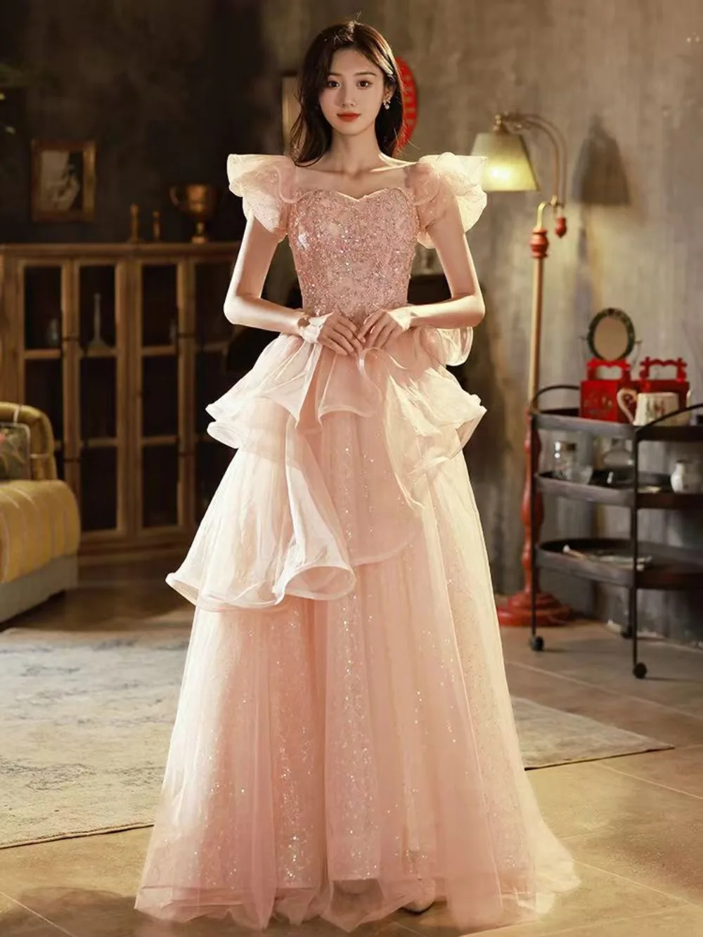 Pink Elegant Evening Dresses for Women Flying Shoulder Sequined Ruffle Fluffy Organza Prom Dreeses for Woman