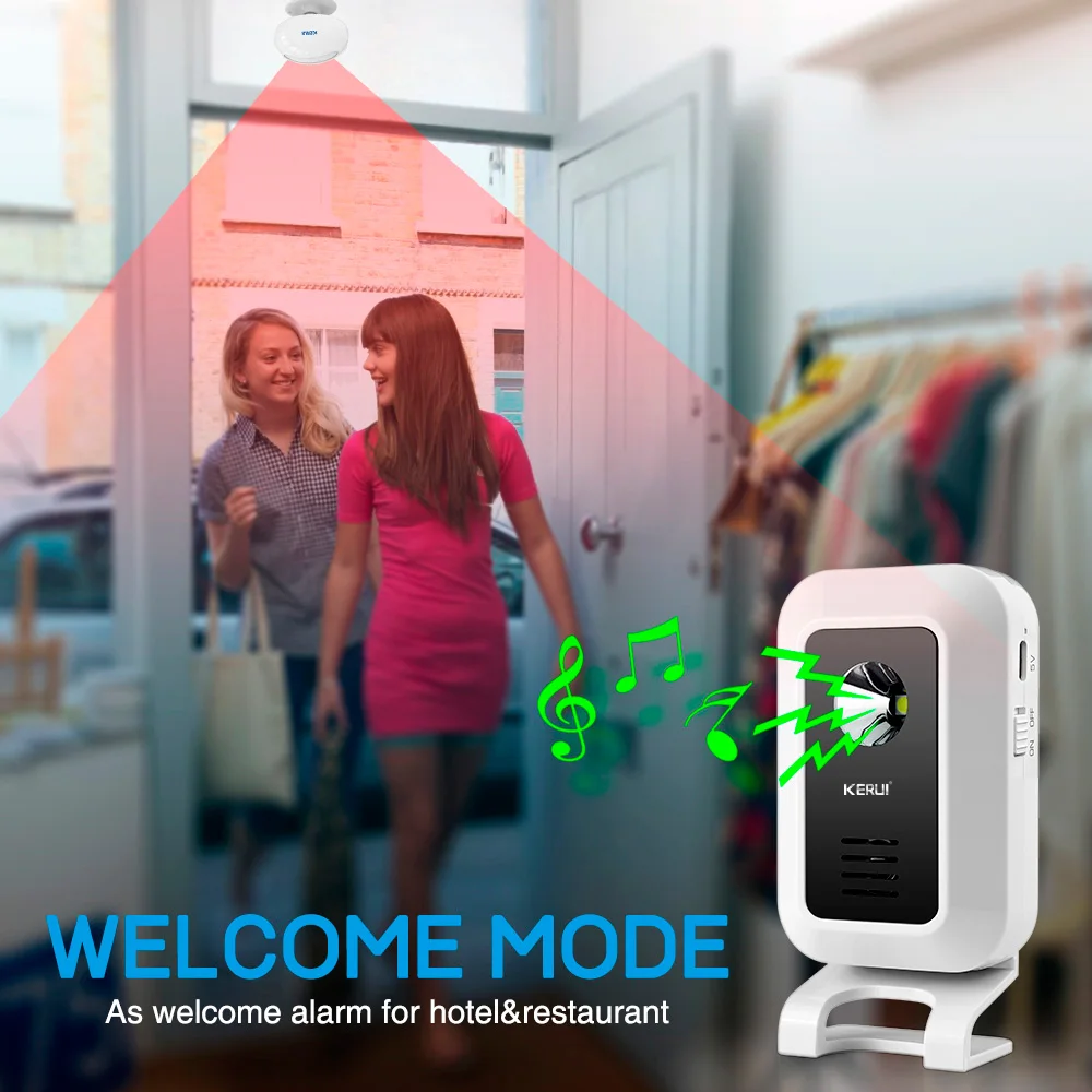 KERUI Wireless Welcome Chime Bell PIR Motion Sensor Alarm 19 Songs Smart Home Security for Store Shop Office LED Night Light