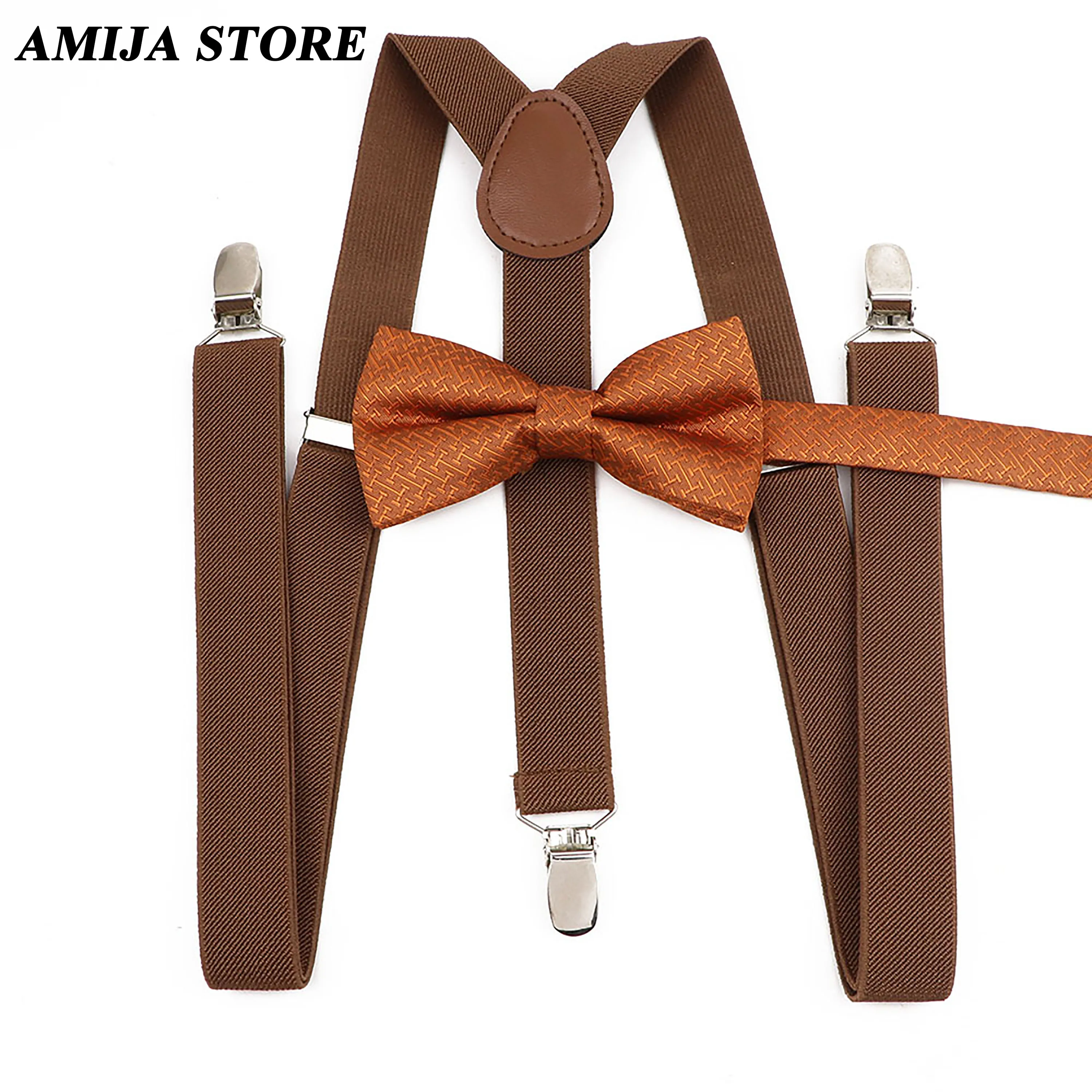 Fashion Unisex Brown Plaid Striped Suspender Set Braces With Bowtie Clip-on Elastic Y-back Mens Straps Butterfly Party Meeting W