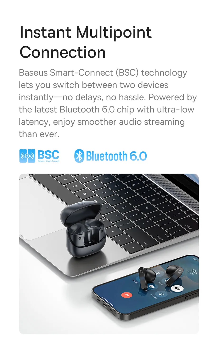 Baseus Bass BS1 NC -40 dB Echtzeit-Adaptive ANC Wireless Earbuds Bluetooth 6.0 Semi-Open-Kopfhörer LDAC Hi-Res Audio 6-Mic AI ENC – Detail 13