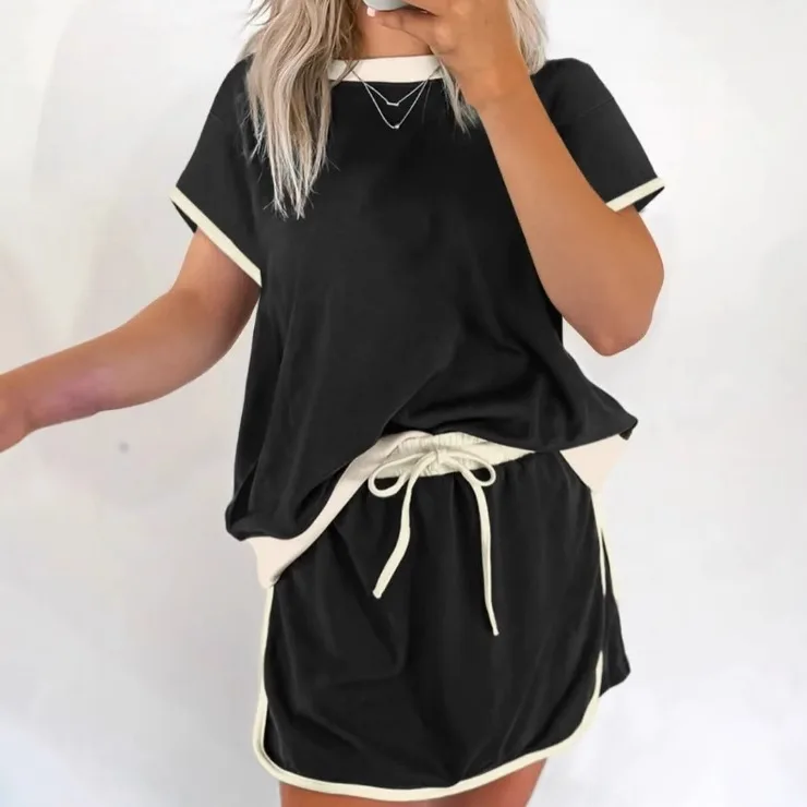 Vrouwen Zomer Korte Mouw Patchwork T-shirt Tops Tees Mini Rok Sport Bandage Rokken Vakantie Casual Pak Set Past Sets