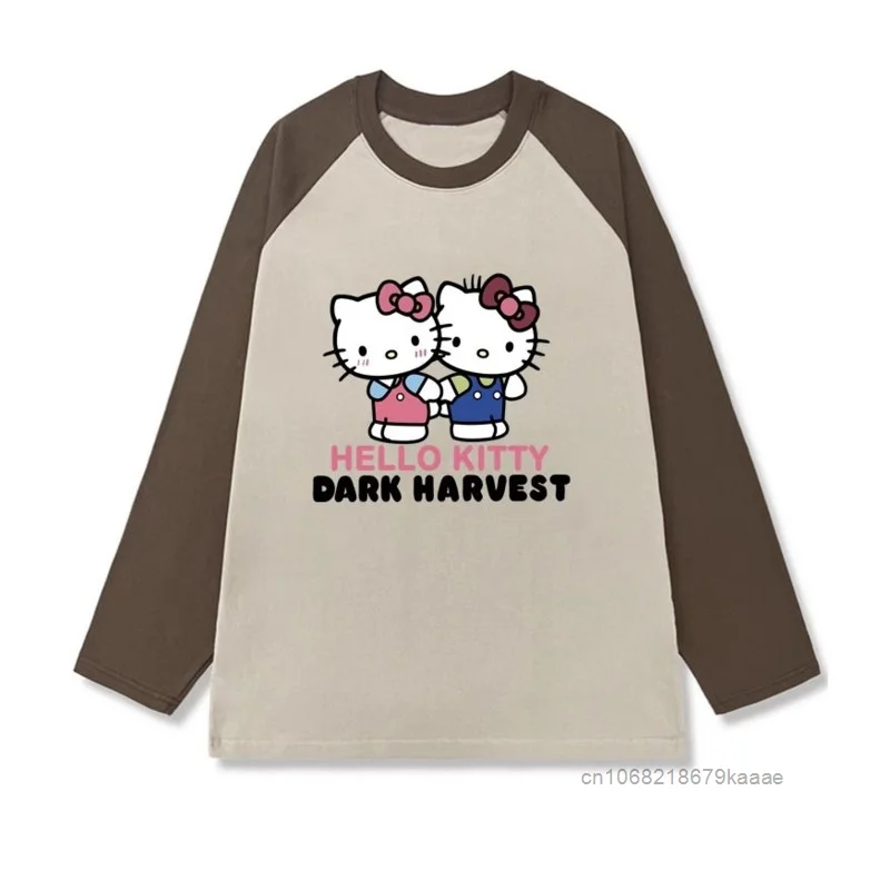 Hello Kitty Color Blocked Long Sleeved T-shirt Women's Trendy Loose Casual Round Neck Tees Japanese Style Cute Sweet Printed Top