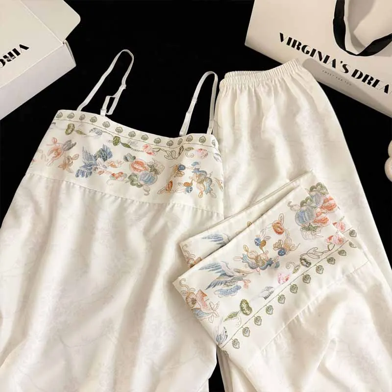 

2026 New Ice Silk Thin Breathable Pajamas Chinese Print Comfortable Sleepwear 2Pcs Strap Top&shorts Home Clothes Nightwear