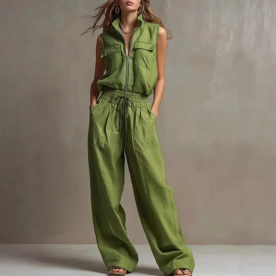 

Women's Two-piece Tank Top Wide-leg Pants Solid Zipper Lapel Collar 2026 Summer New Fashion Casual Loose Suit For Woman