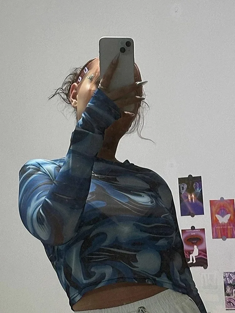 Spicy girl mesh top with millennium retro print round neck and exposed navel T-shirt, slim fit and slimming for women