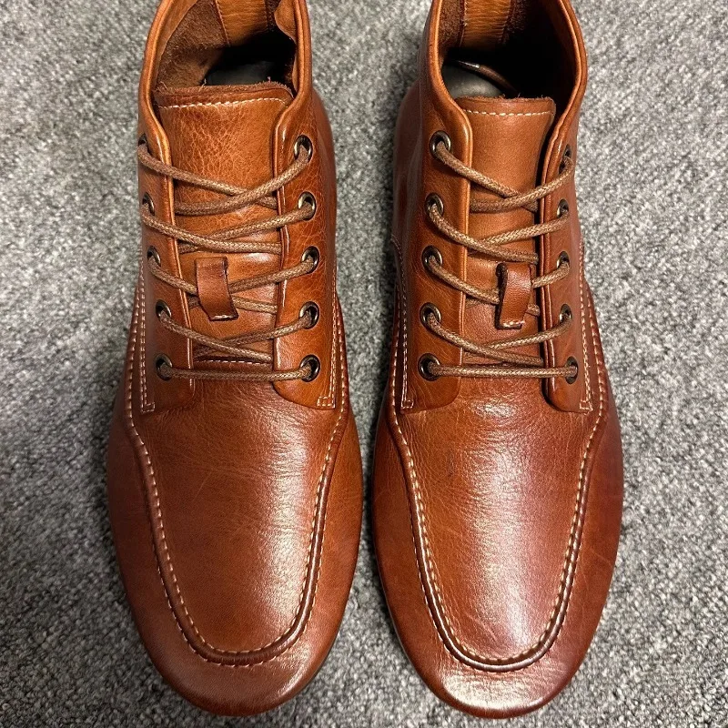 High End Horse Leather High Top Shoes Men's Boots Outdoor Riding Casual Genuine Leather Lace Up Chelsea Ankle Boots Male