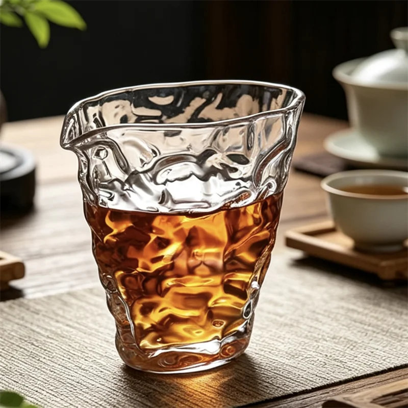 200ml Flat Irregular Texture Heat Resistant High Borosilicate Glass Fair Cup Clear Tea Sharing Cha Hai for  Tea Ceremony