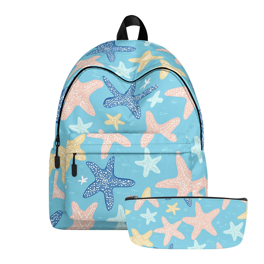 Ocean Theme Starfish Seashell Print Backpack Pencil Bags Adjustable Straps Lightweight Durable School Travel Daypack Teens Sets