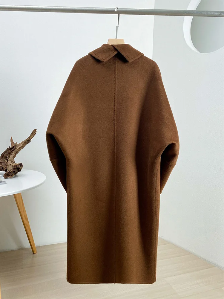 Simple New Tick Camel Wool Cocoon Coat Women New Autumn Winter Warm Loose Turn-down Collar Single Breasted Woolen Coats Long