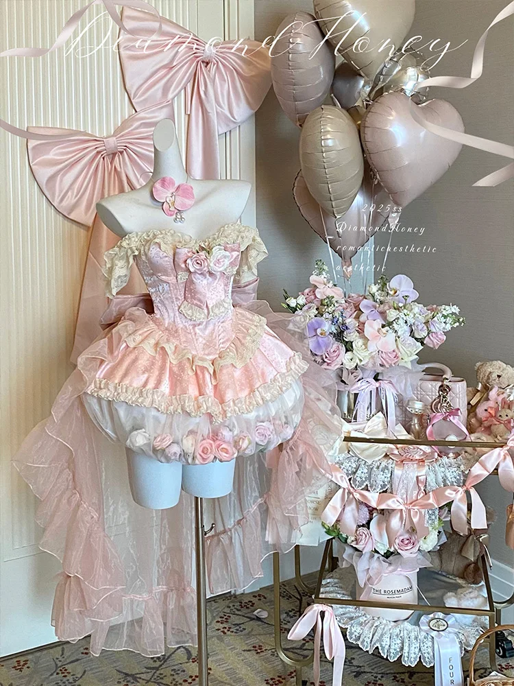 夏甘いエレガントなピンクの花のウェディングドレスの女性のスリムフィットレースエッジミニ花のつぼみドレスプリンセス妖精ロリータドレス