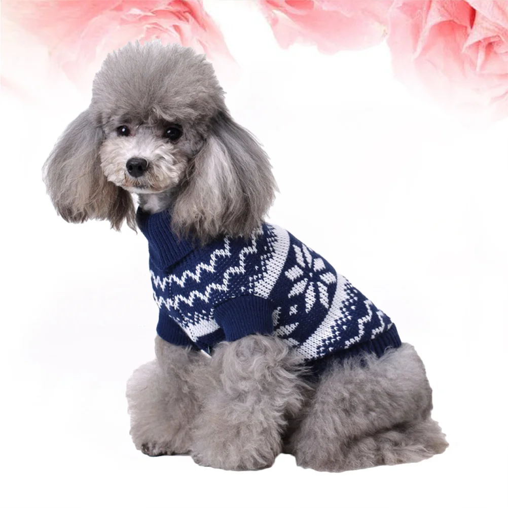 

Pet Dog Sweater Warm Turtleneck Christmas Snowflake Pattern Knitted Winter Clothes Puppy Festive Costume Size M Blue
